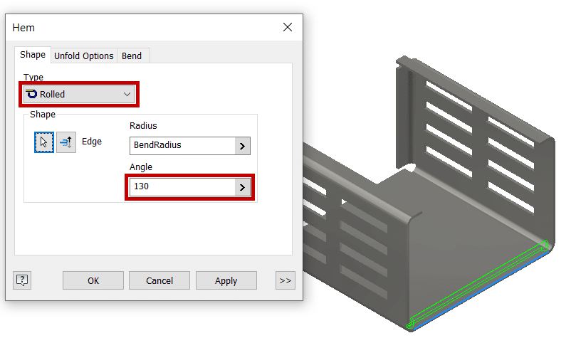 Create a rolled hem with a width extents